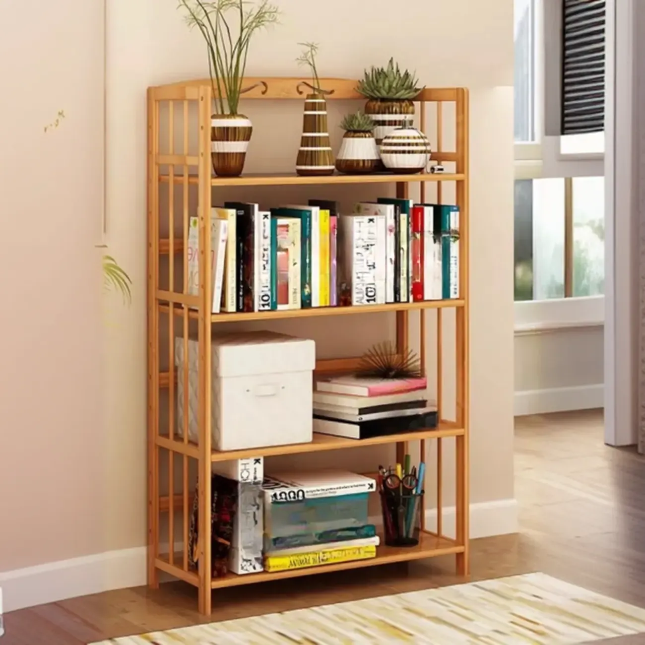 Elegant Nutural Bamboo Vertical Open Back Bookcase Image - 14