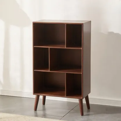 Modern Brown Wooden 4-Tier Vertical Bookcase Image - 3