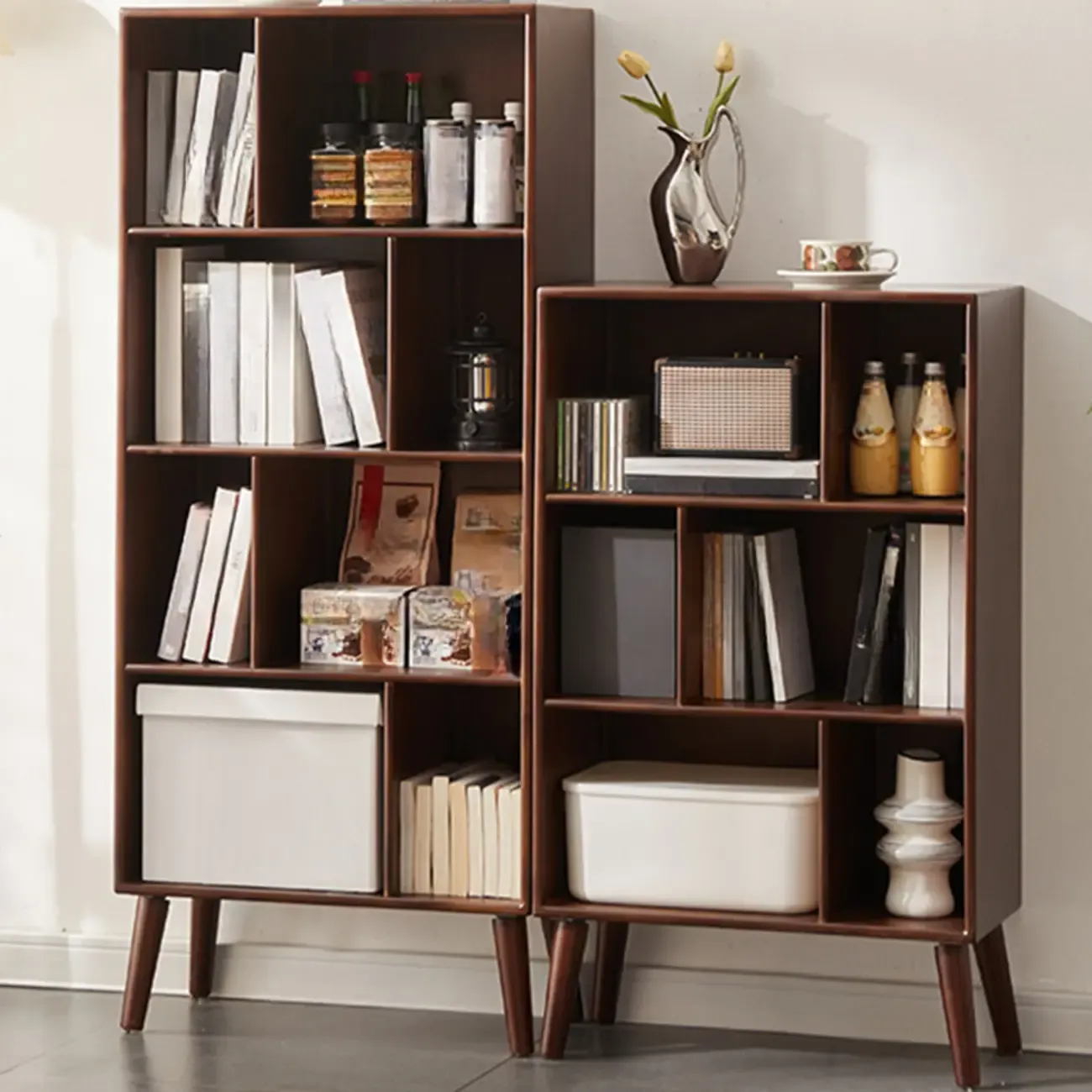 Modern Brown Wooden 4-Tier Vertical Bookcase Image - 2