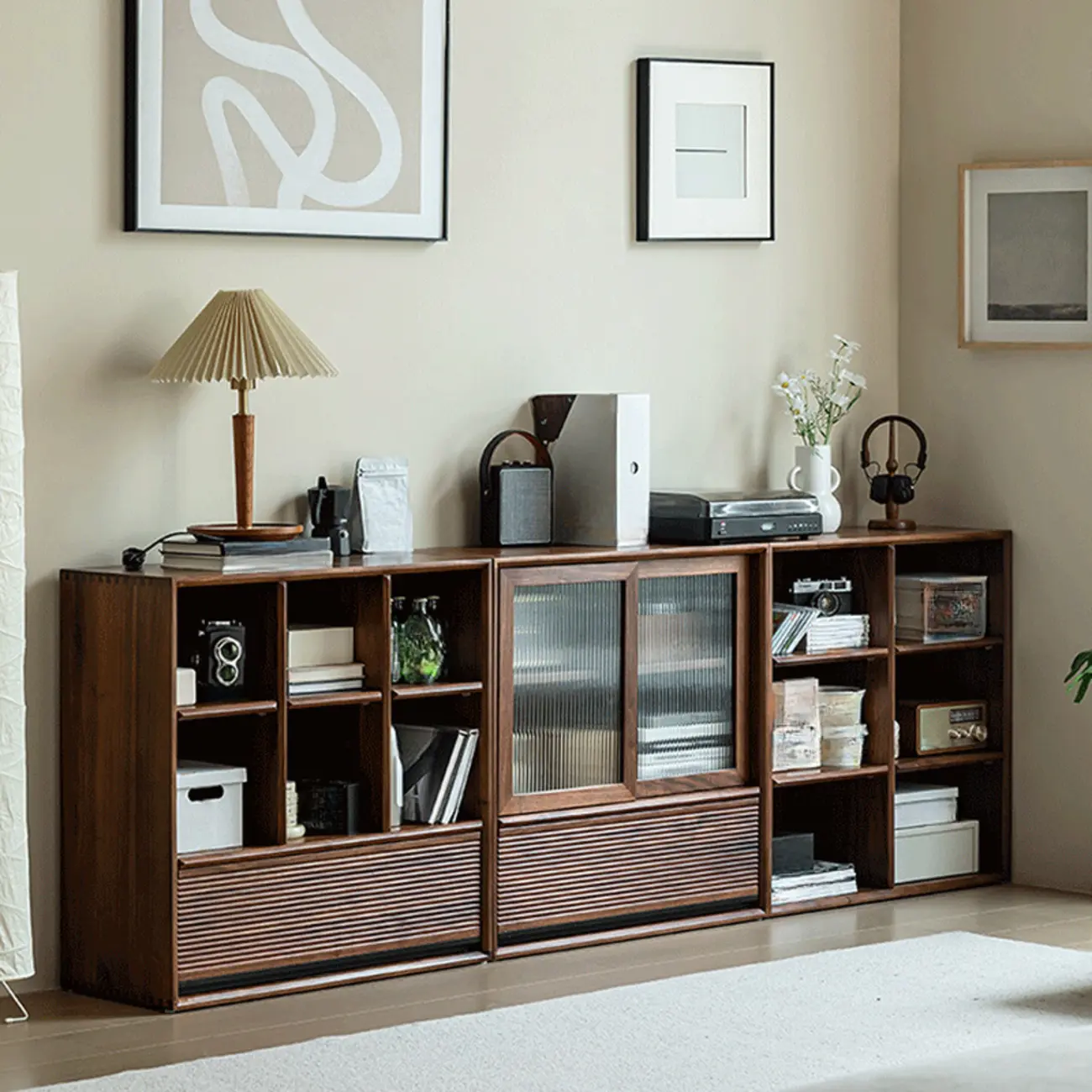Wood Brown Cube Storage Bookcase with Drawers Image - 1 | homeyfad
