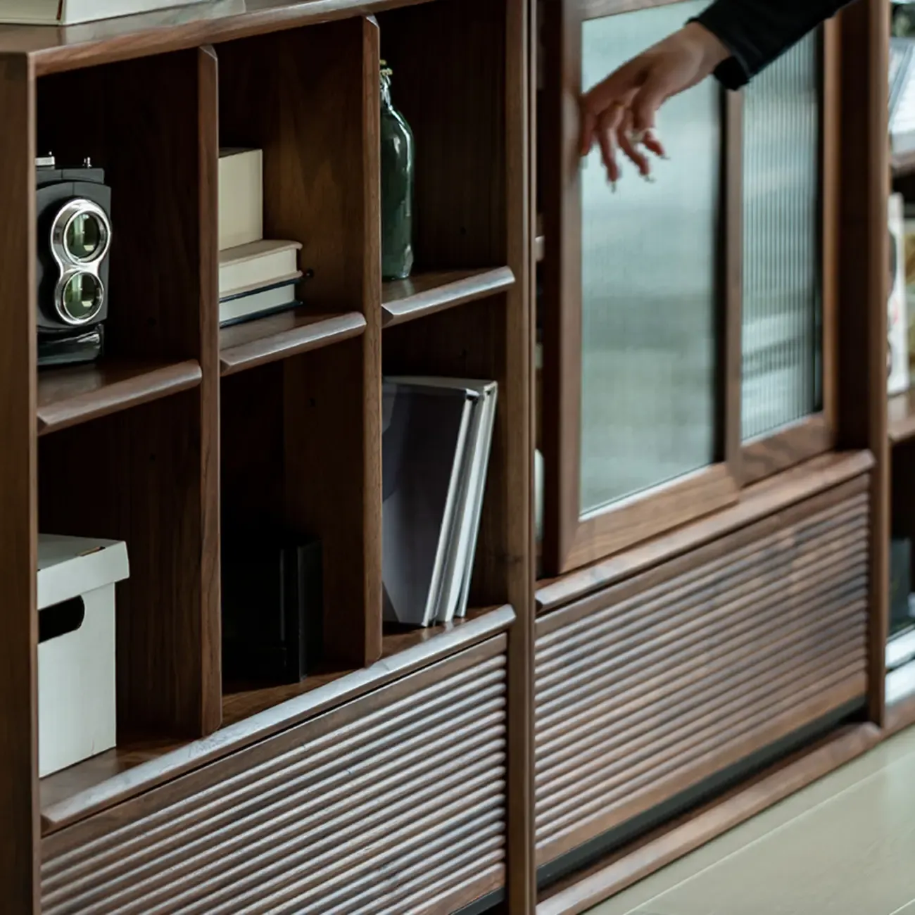 Wood Brown Cube Storage Bookcase with Drawers Image - 5