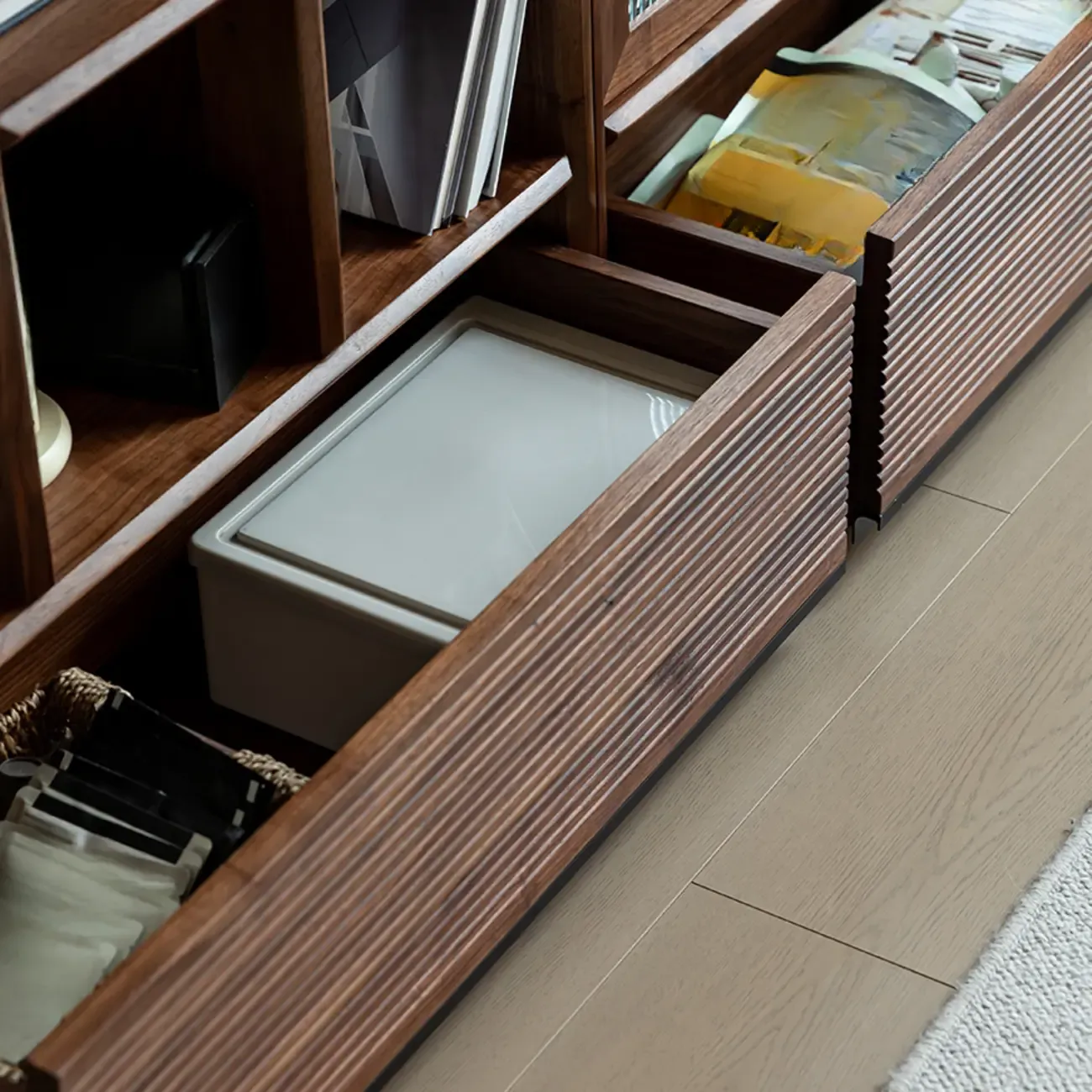 Wood Brown Cube Storage Bookcase with Drawers Image - 6