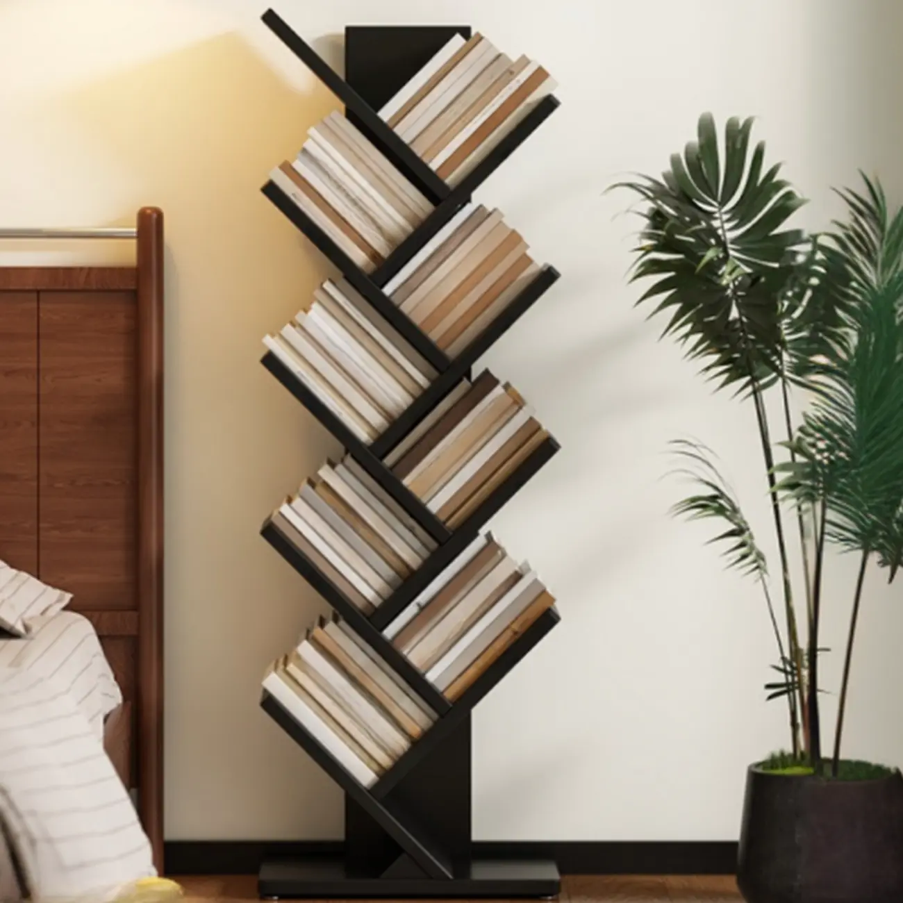 Black Wood Tree-Shaped Vertical Display Bookcase Image - 1 | homeyfad