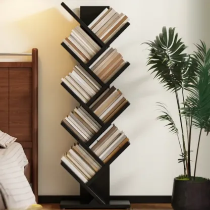 Black Wood Tree-Shaped Vertical Display Bookcase Image - 1