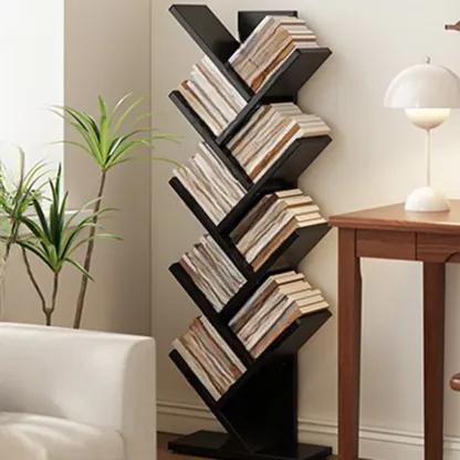 Black Wood Tree-Shaped Vertical Display Bookcase Image - 2