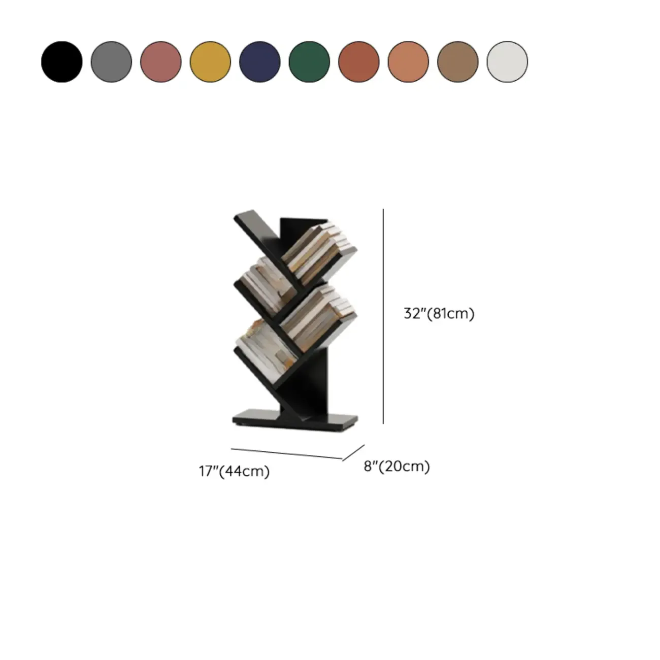Black Wood Tree-Shaped Vertical Display Bookcase #size