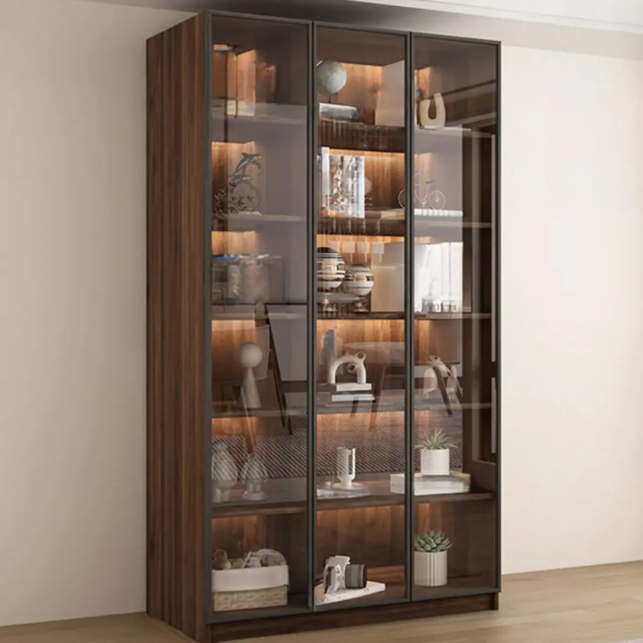 Modern Glass Door Walnut Wooden 5-Shelf Bookcase Image - 1 | homeyfad
