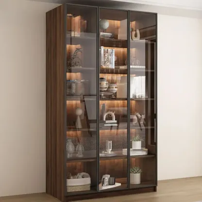 Modern Glass Door Walnut Wooden 5-Shelf Bookcase Image - 1