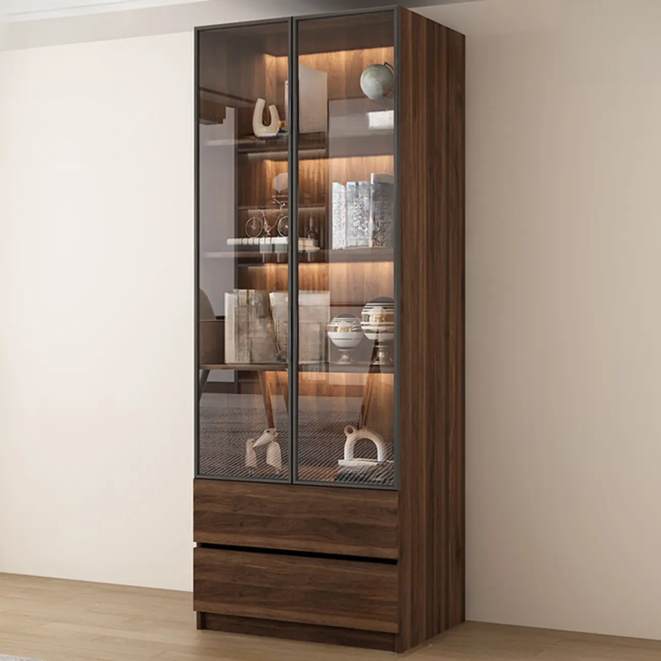 Modern Glass Door Walnut Wooden 5-Shelf Bookcase Image - 2 | homeyfad