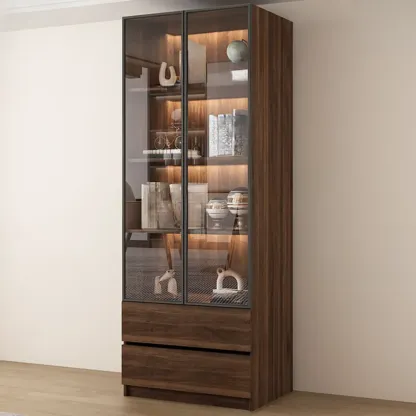 Modern Glass Door Walnut Wooden 5-Shelf Bookcase Image - 2
