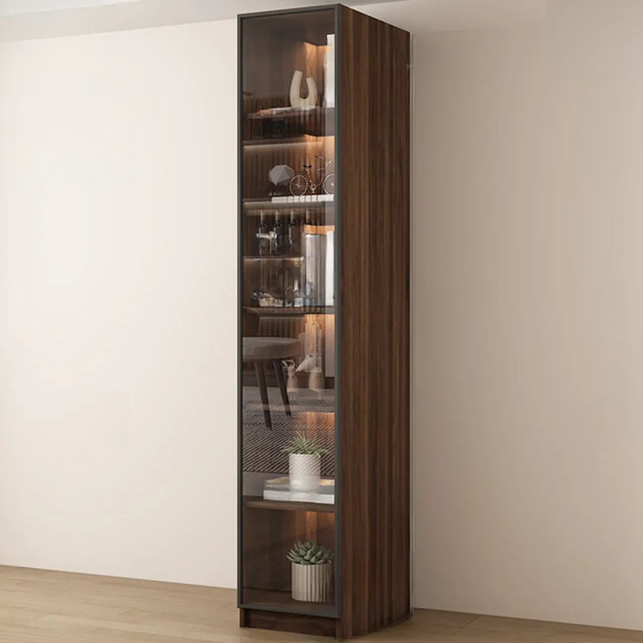 Modern Glass Door Walnut Wooden 5-Shelf Bookcase Image - 3 | homeyfad