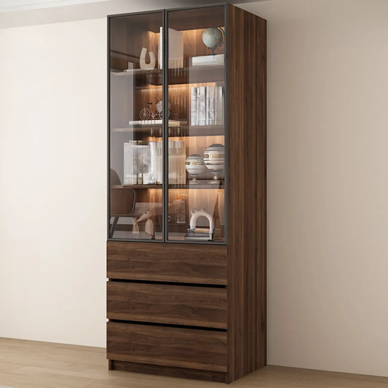 Modern Glass Door Walnut Wooden 5-Shelf Bookcase Image - 6 | homeyfad