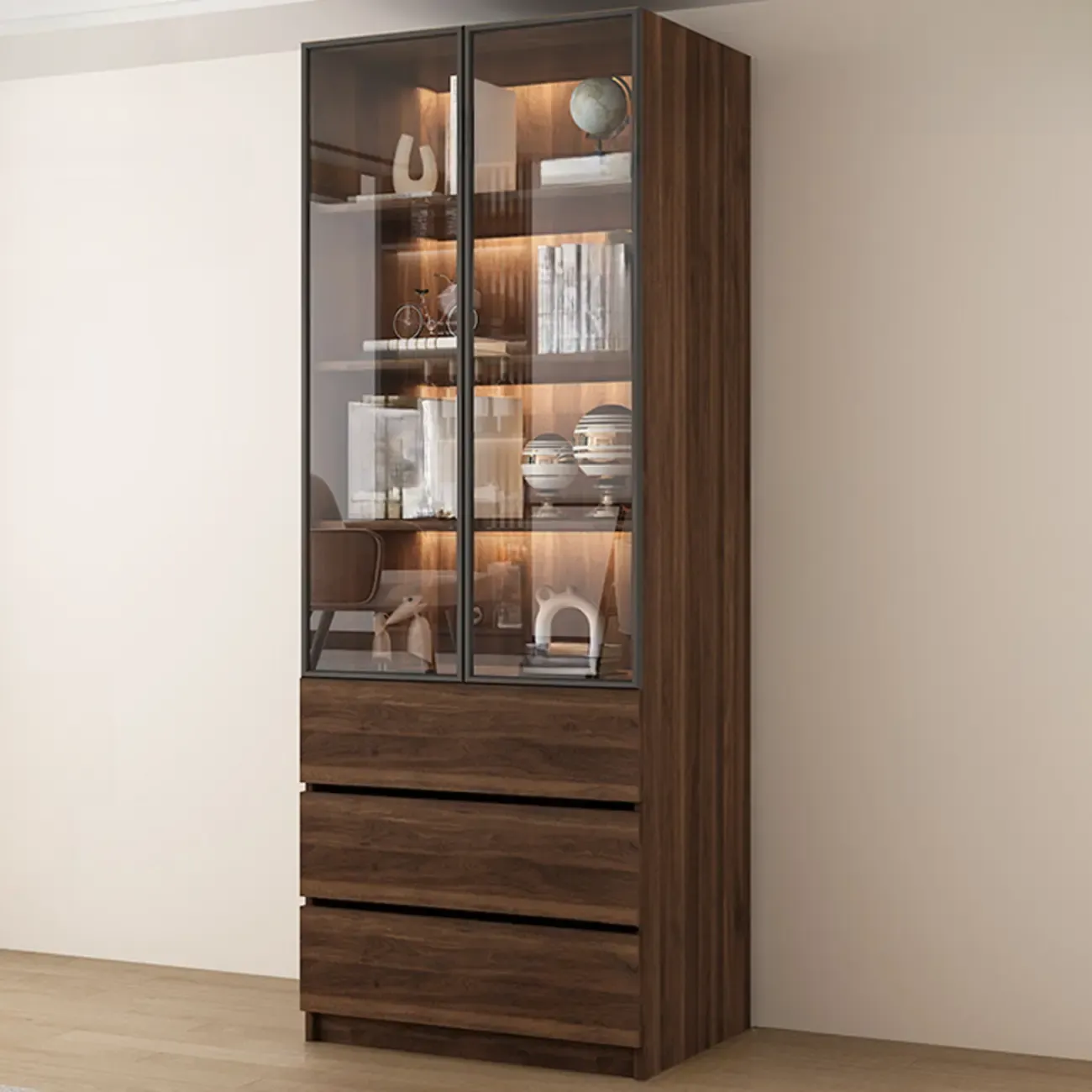 Modern Glass Door Walnut Wooden 5-Shelf Bookcase Image - 6