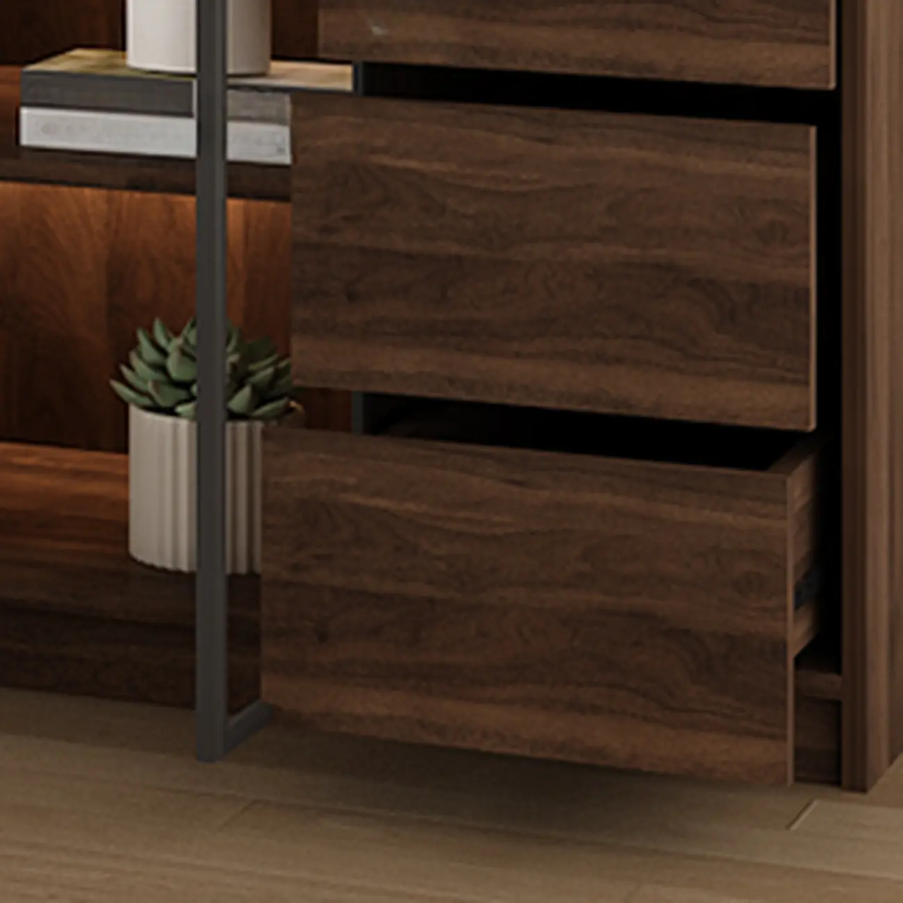 Modern Glass Door Walnut Wooden 5-Shelf Bookcase Image - 7 | homeyfad