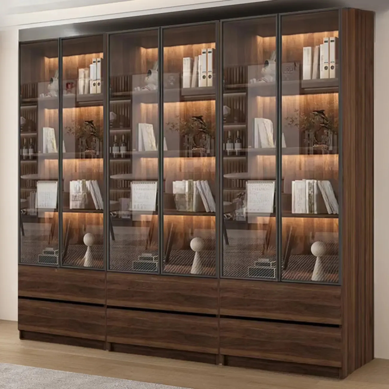 Modern Glass Door Walnut Wooden 5-Shelf Bookcase Image - 8