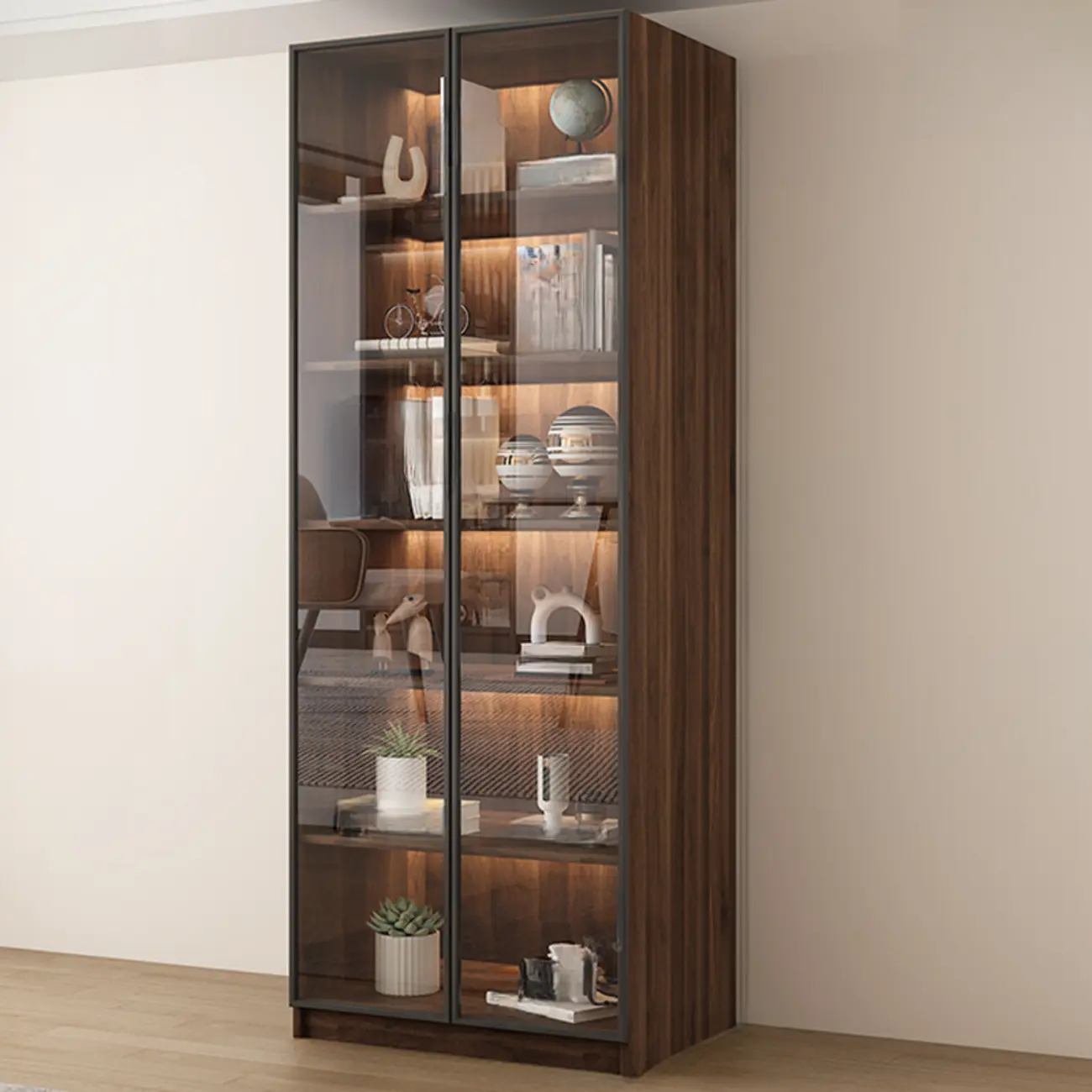 Modern Glass Door Walnut Wooden 5-Shelf Bookcase Image - 9 | homeyfad