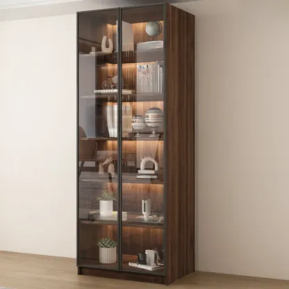 Modern Glass Door Walnut Wooden 5-Shelf Bookcase Image - 9