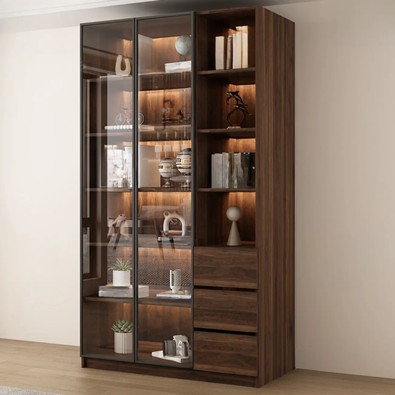 Modern Glass Door Walnut Wooden 5-Shelf Bookcase Image - 10 | homeyfad