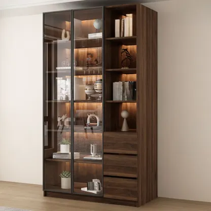 Modern Glass Door Walnut Wooden 5-Shelf Bookcase Image - 10