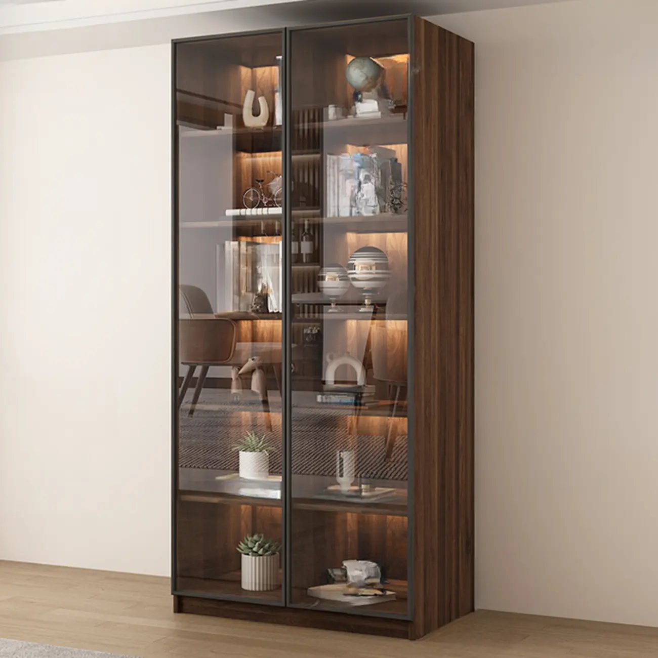 Modern Glass Door Walnut Wooden 5-Shelf Bookcase Image - 11 | homeyfad
