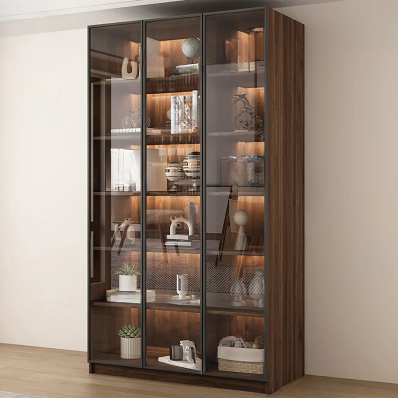 Modern Glass Door Walnut Wooden 5-Shelf Bookcase Image - 12 | homeyfad