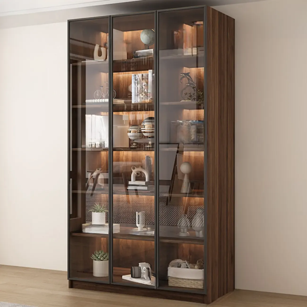 Modern Glass Door Walnut Wooden 5-Shelf Bookcase Image - 12