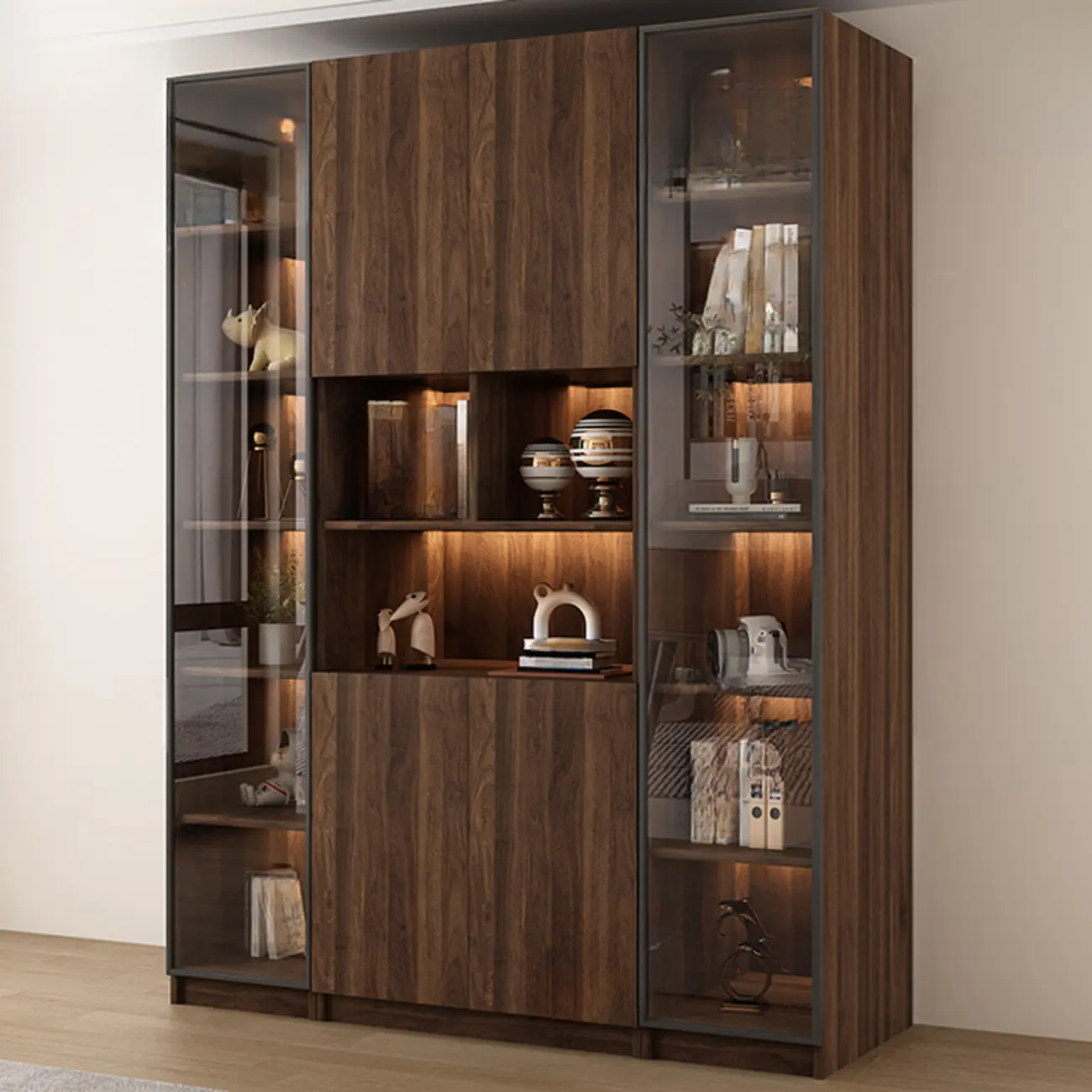 Modern Glass Door Walnut Wooden 5-Shelf Bookcase Image - 13 | homeyfad