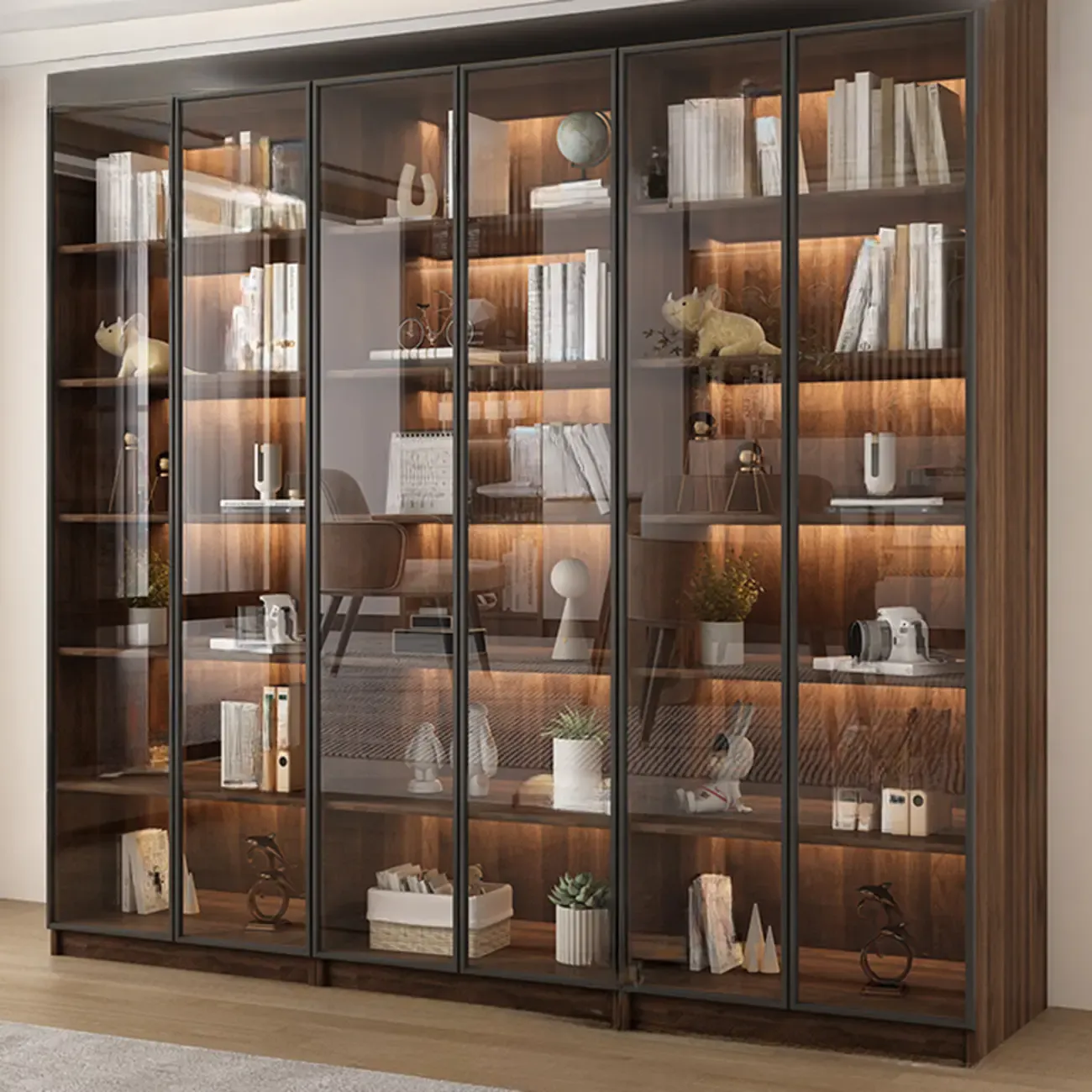 Modern Glass Door Walnut Wooden 5-Shelf Bookcase Image - 14