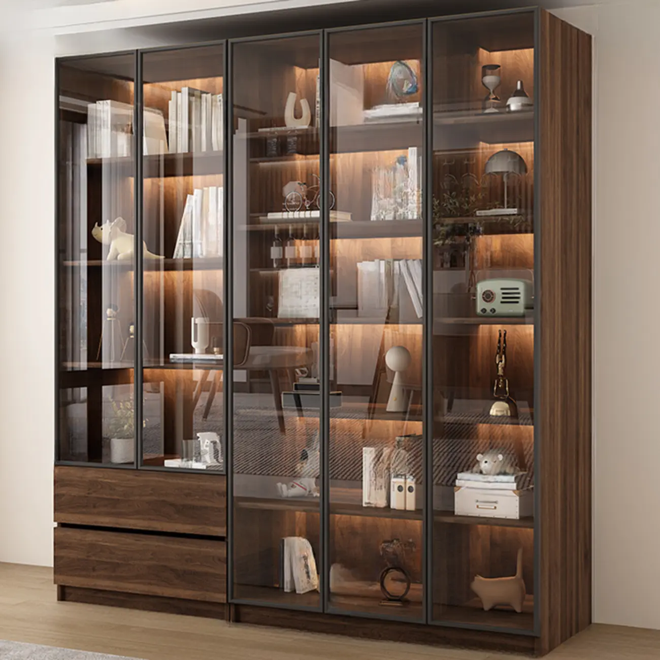 Modern Glass Door Walnut Wooden 5-Shelf Bookcase Image - 15 | homeyfad