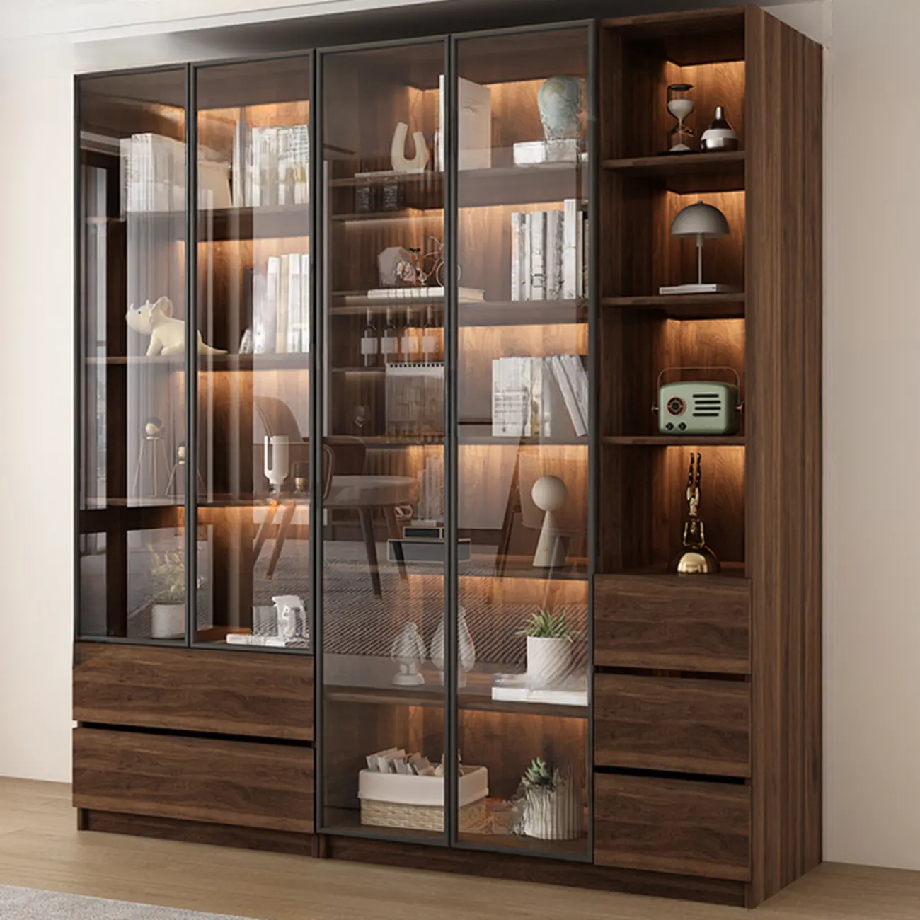 Modern Glass Door Walnut Wooden 5-Shelf Bookcase Image - 16 | homeyfad