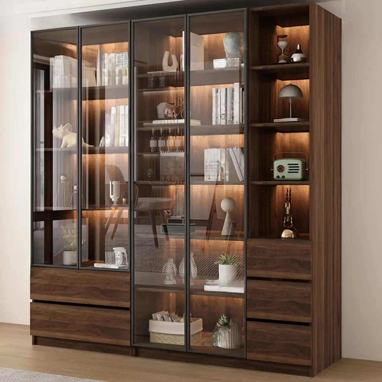 Modern Glass Door Walnut Wooden 5-Shelf Bookcase Image - 16