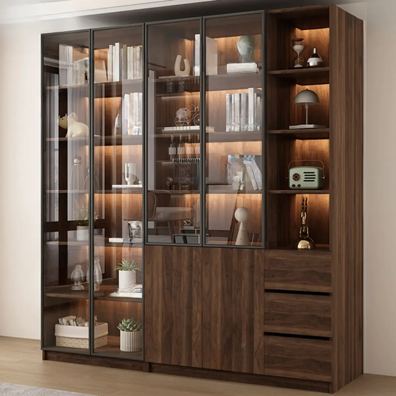 Modern Glass Door Walnut Wooden 5-Shelf Bookcase Image - 17