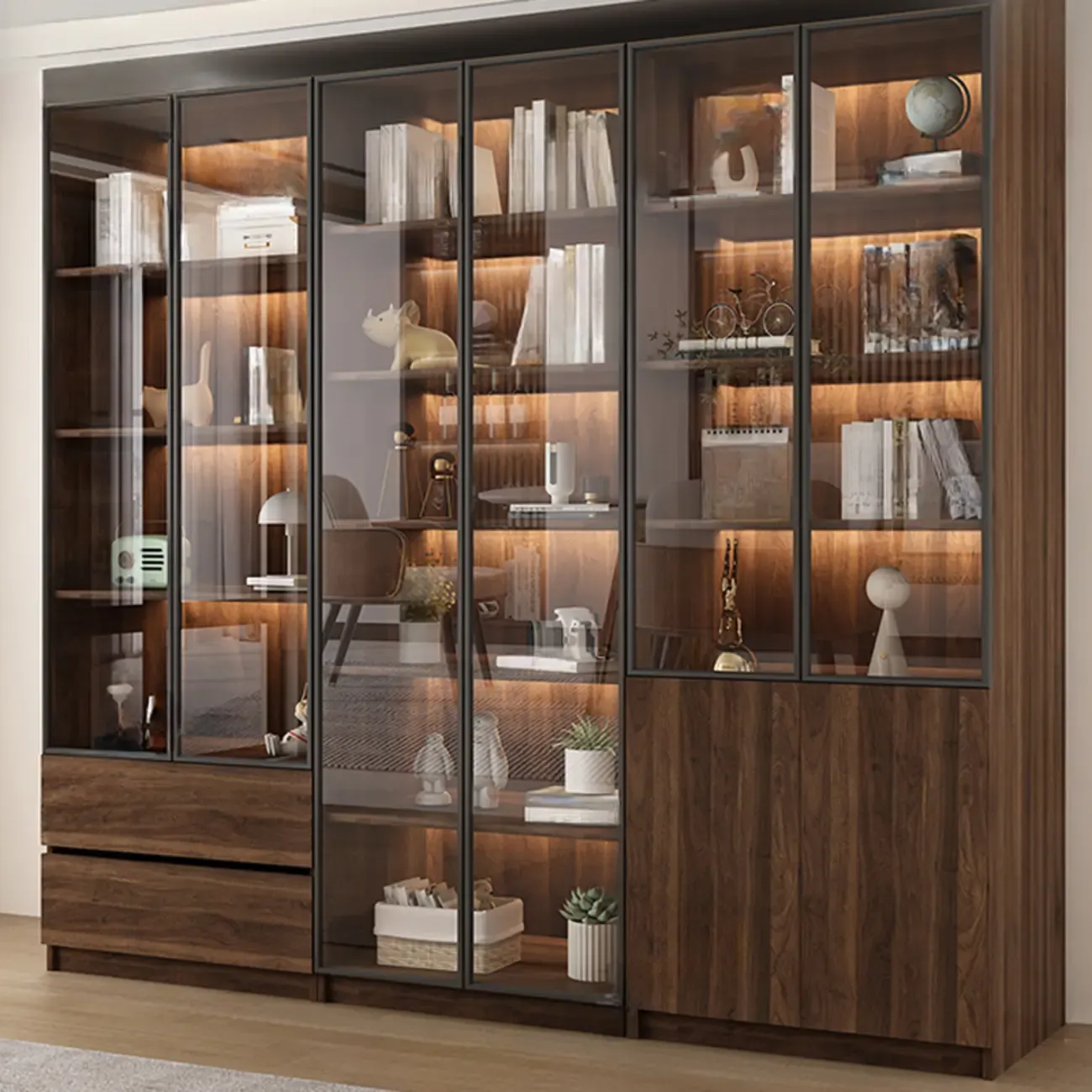 Modern Glass Door Walnut Wooden 5-Shelf Bookcase Image - 18