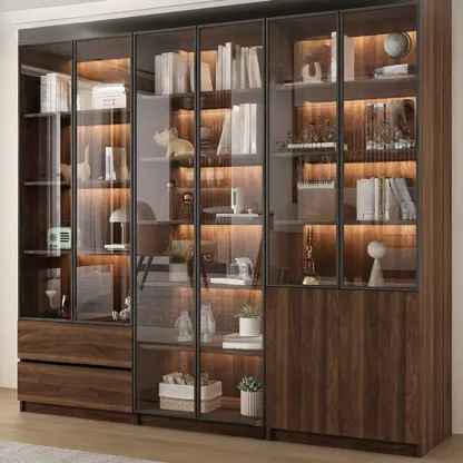 Modern Glass Door Walnut Wooden 5-Shelf Bookcase Image - 18