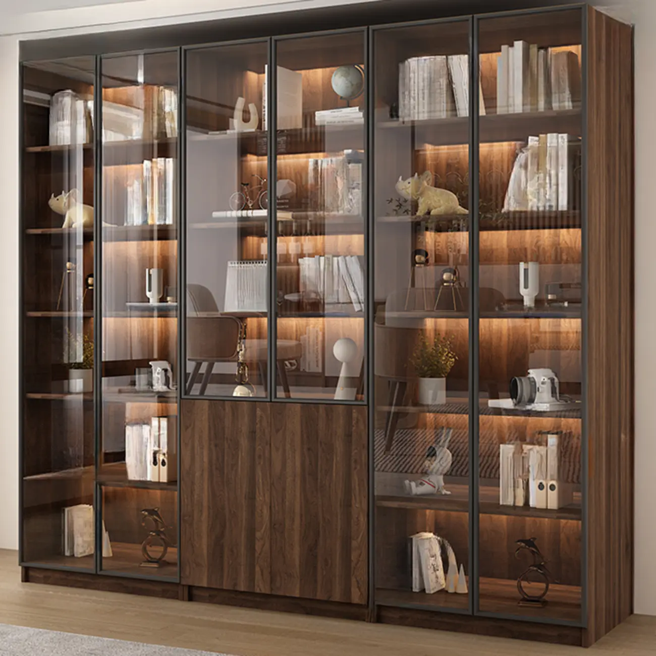 Modern Glass Door Walnut Wooden 5-Shelf Bookcase Image - 19 | homeyfad