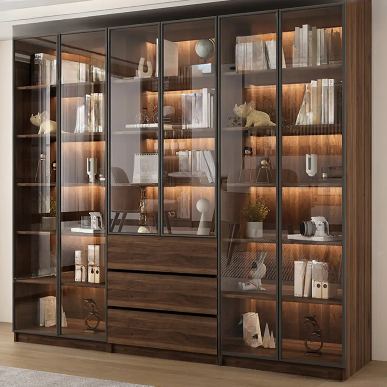 Modern Glass Door Walnut Wooden 5-Shelf Bookcase Image - 20