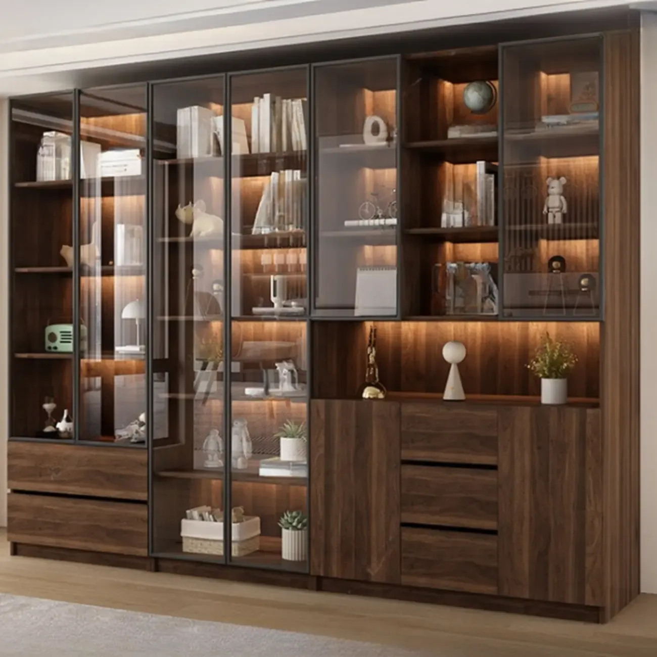 Modern Glass Door Walnut Wooden 5-Shelf Bookcase Image - 21