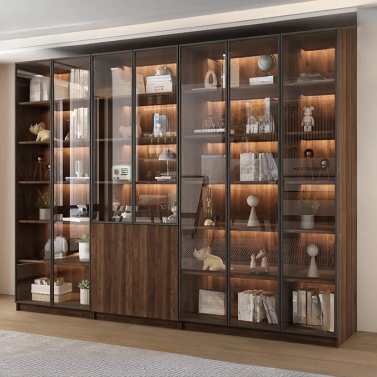 Modern Glass Door Walnut Wooden 5-Shelf Bookcase Image - 22 | homeyfad