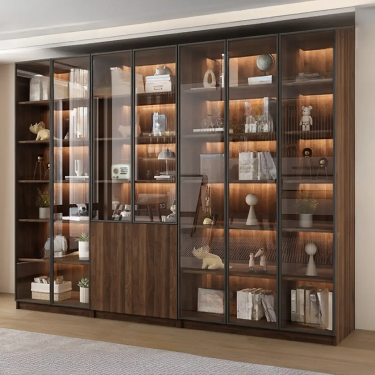 Modern Glass Door Walnut Wooden 5-Shelf Bookcase Image - 22