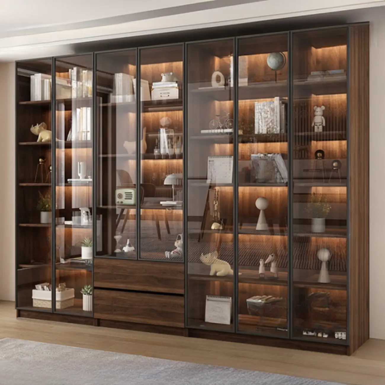 Modern Glass Door Walnut Wooden 5-Shelf Bookcase Image - 23 | homeyfad