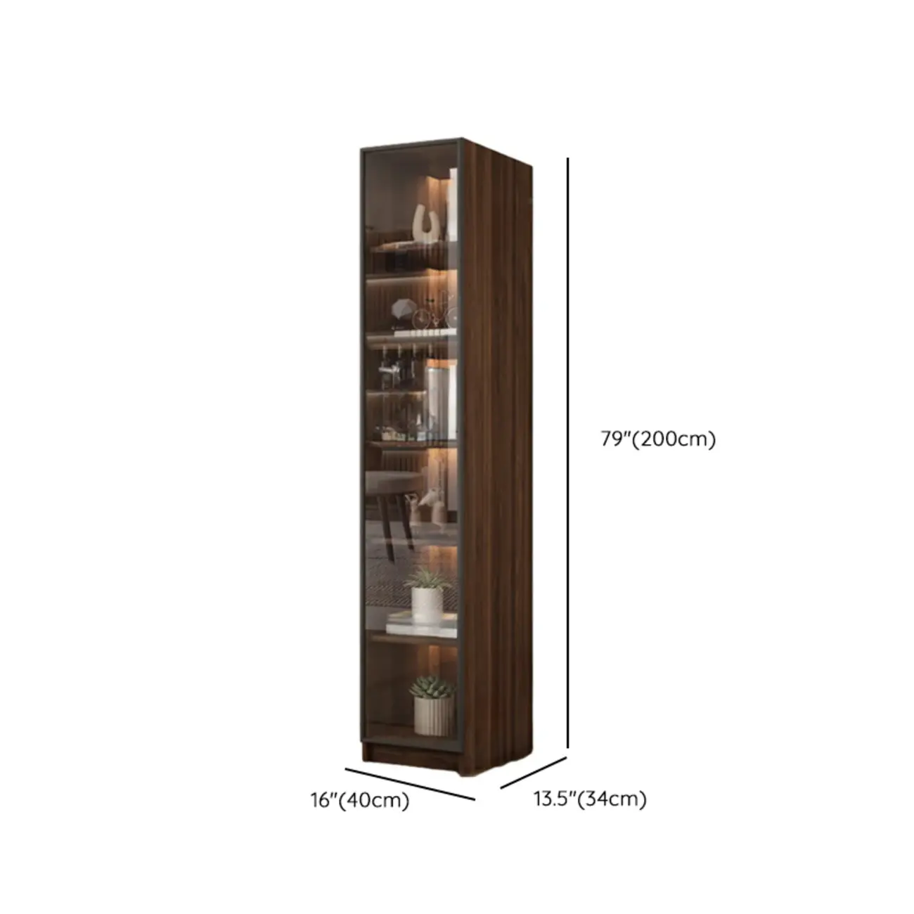 Modern Glass Door Walnut Wooden 5-Shelf Bookcase #size