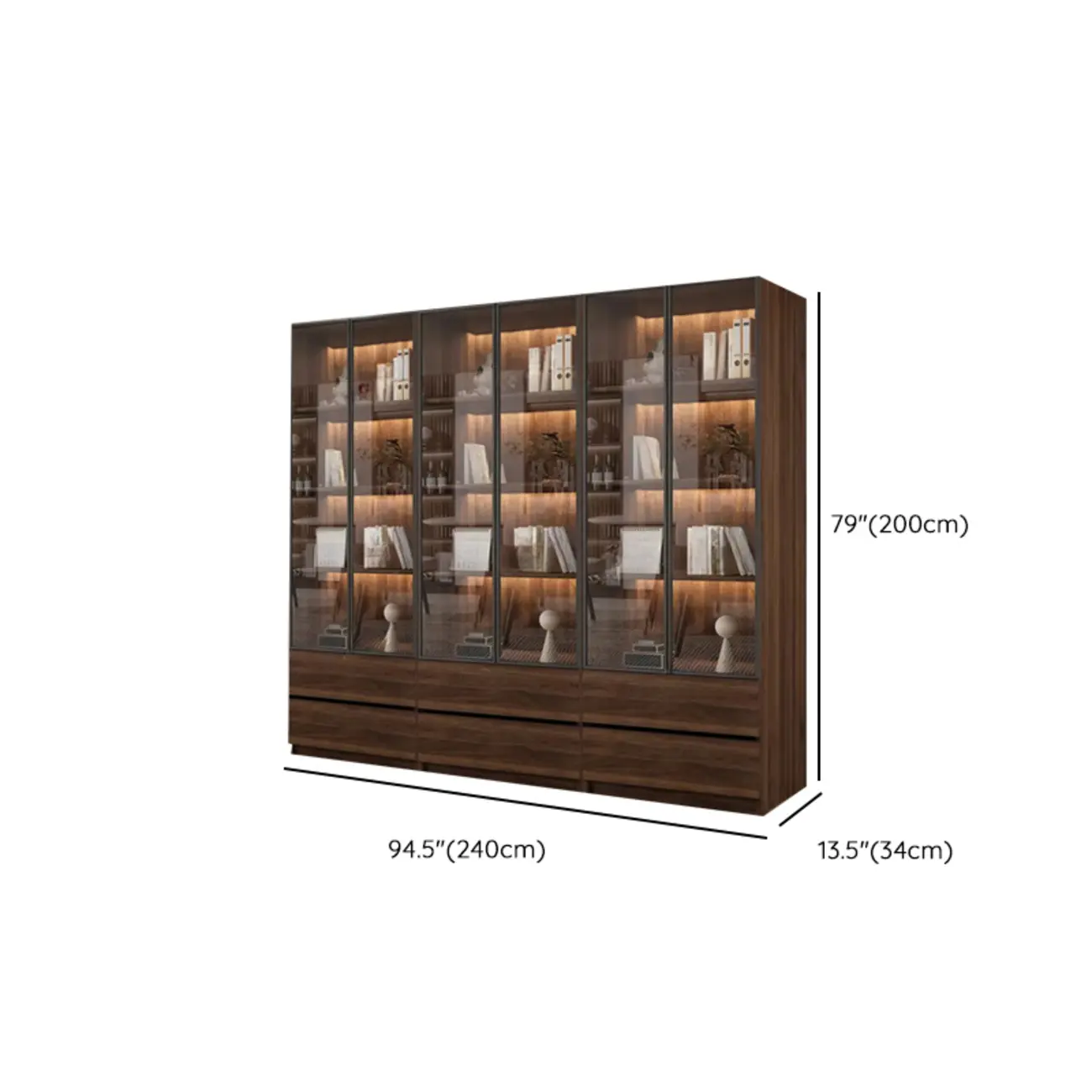 Modern Glass Door Walnut Wooden 5-Shelf Bookcase Image - 25 | homeyfad