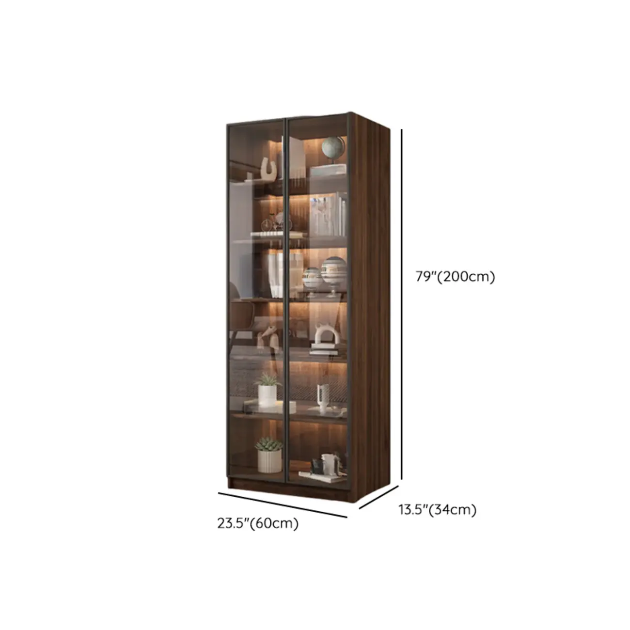 Modern Glass Door Walnut Wooden 5-Shelf Bookcase Image - 26 | homeyfad
