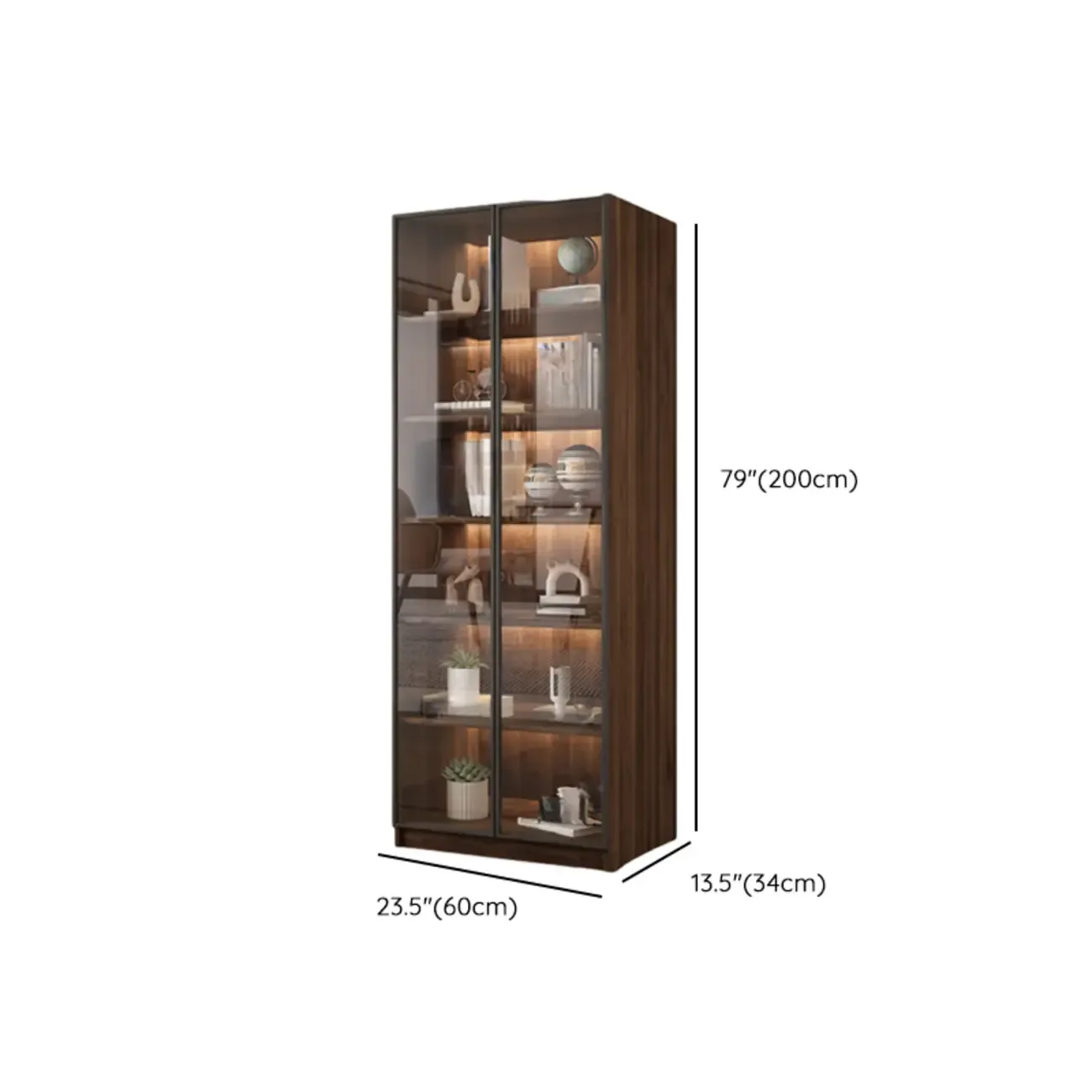 Modern Glass Door Walnut Wooden 5-Shelf Bookcase Image - 26