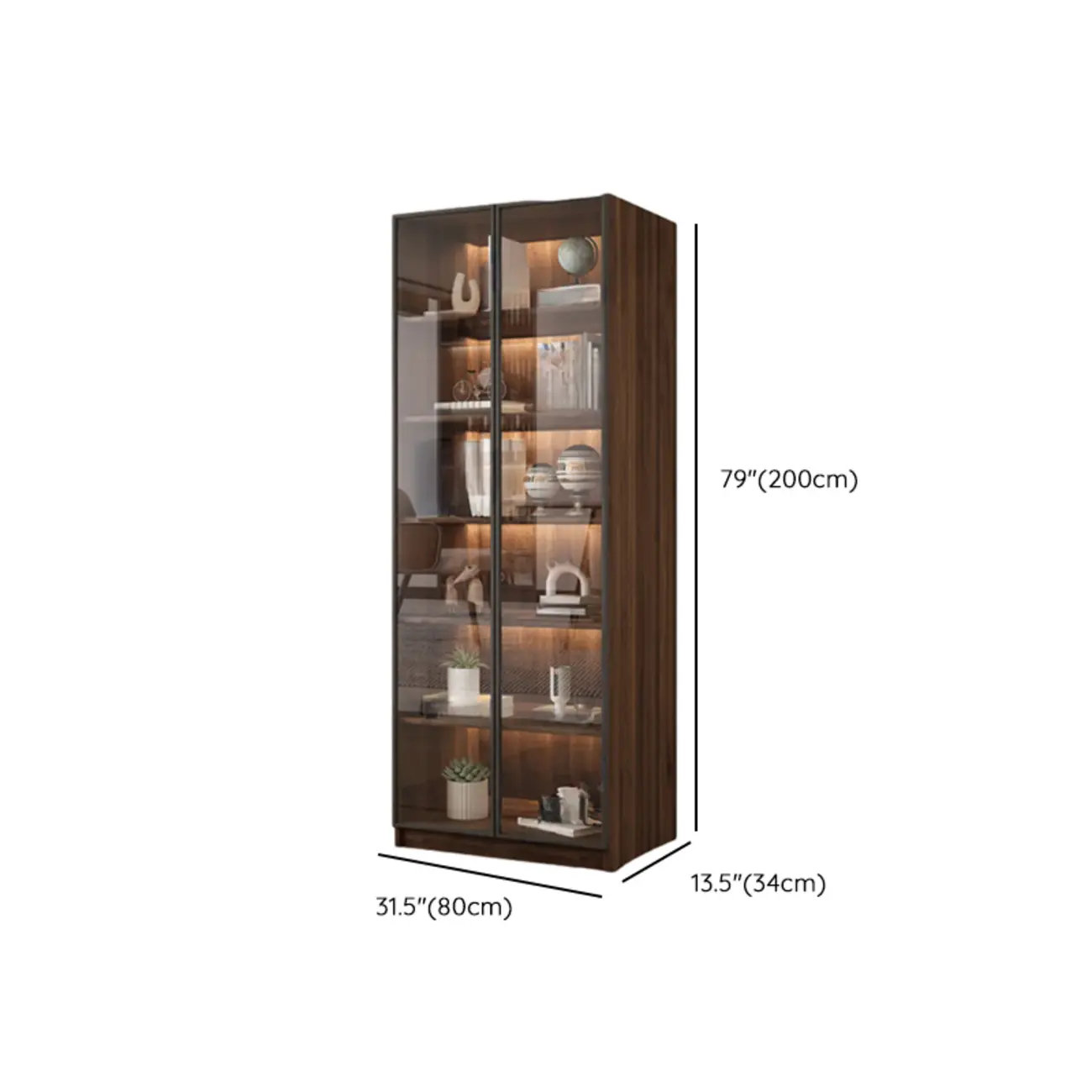 Modern Glass Door Walnut Wooden 5-Shelf Bookcase Image - 29 | homeyfad