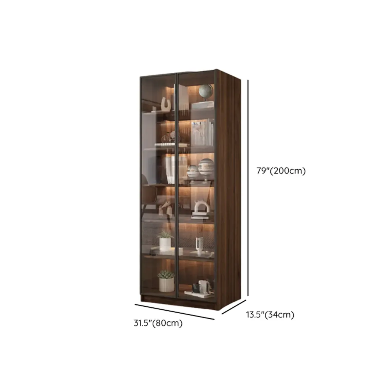 Modern Glass Door Walnut Wooden 5-Shelf Bookcase Image - 29