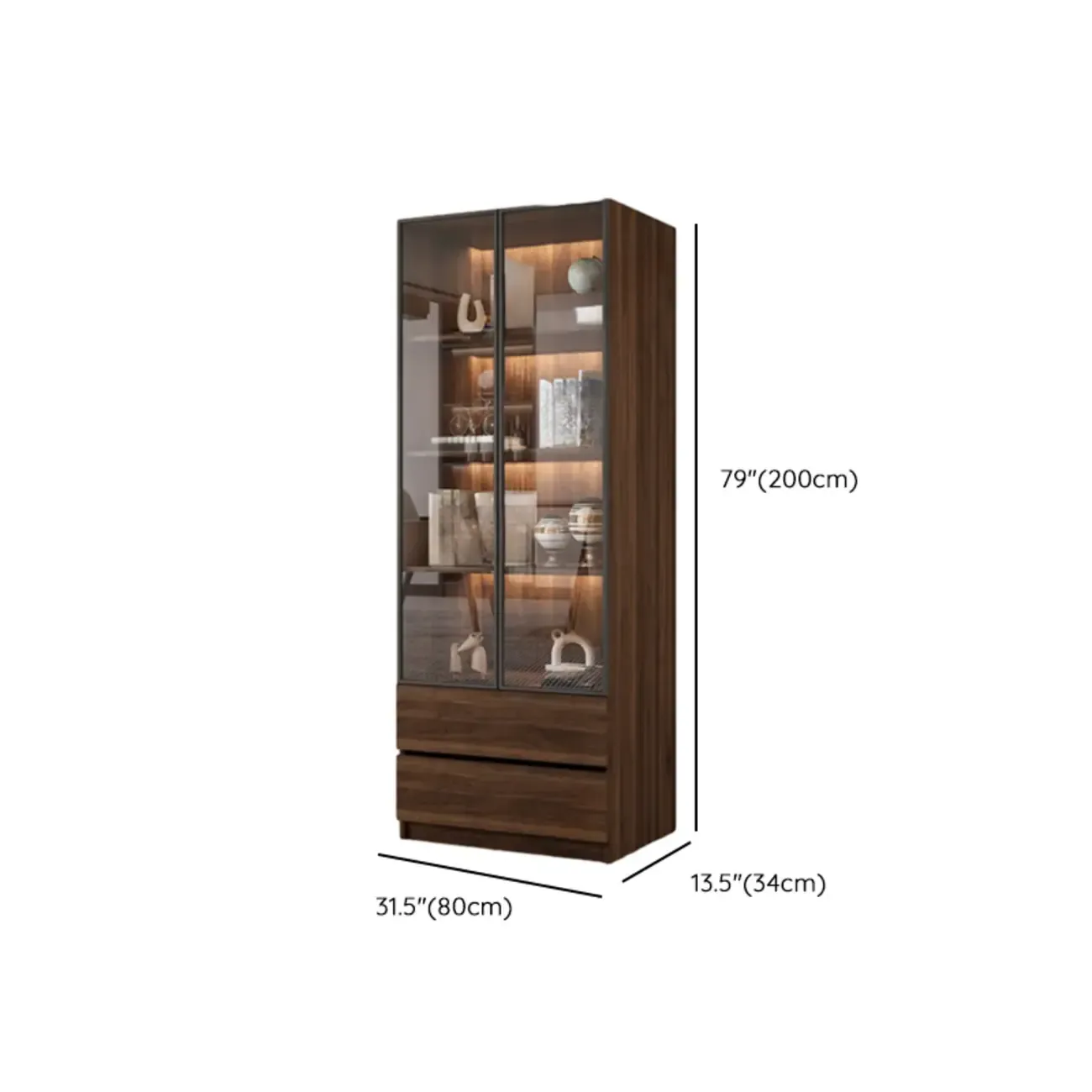 Modern Glass Door Walnut Wooden 5-Shelf Bookcase Image - 30