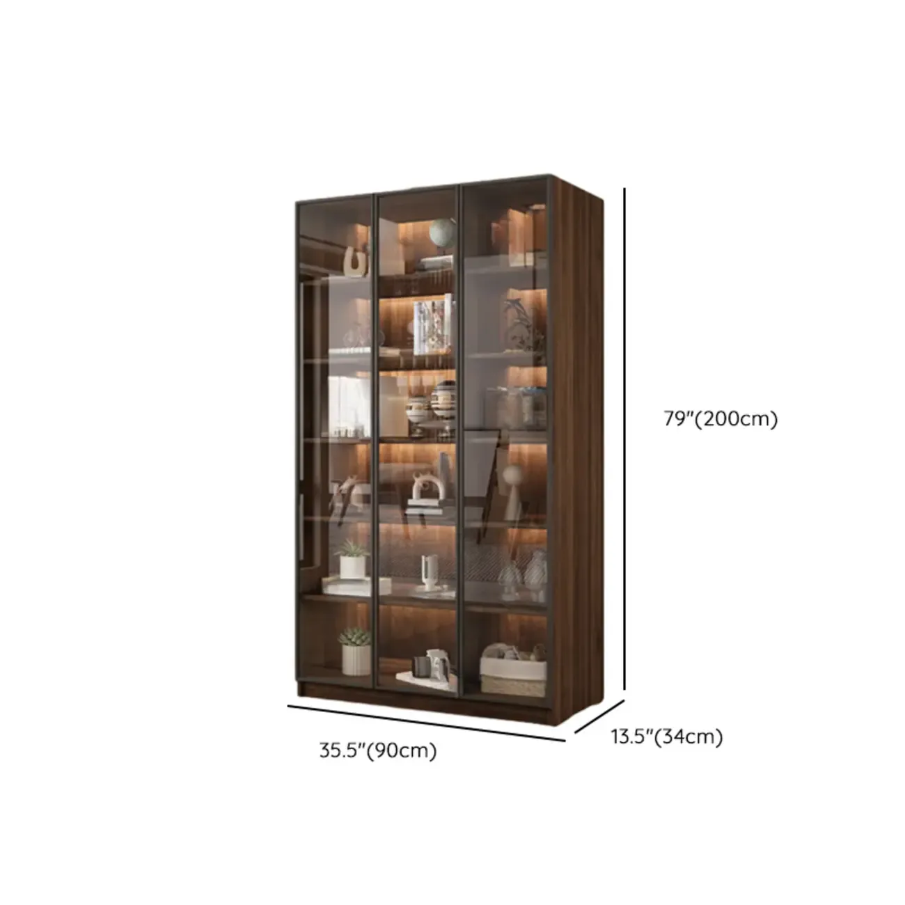 Modern Glass Door Walnut Wooden 5-Shelf Bookcase Image - 32