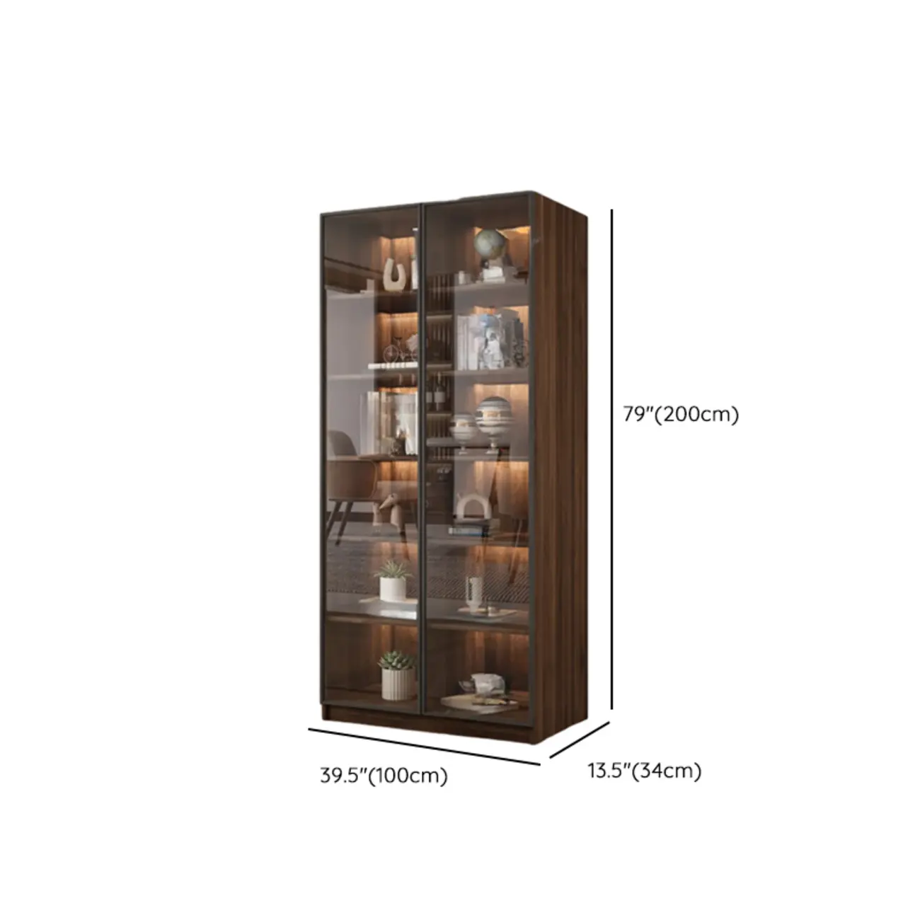 Modern Glass Door Walnut Wooden 5-Shelf Bookcase Image - 33 | homeyfad