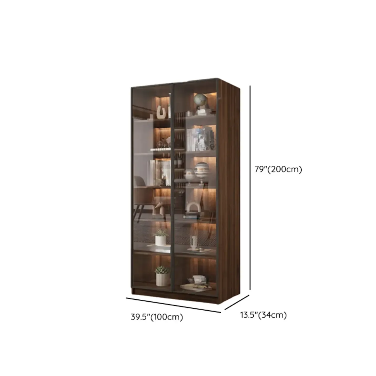 Modern Glass Door Walnut Wooden 5-Shelf Bookcase Image - 33